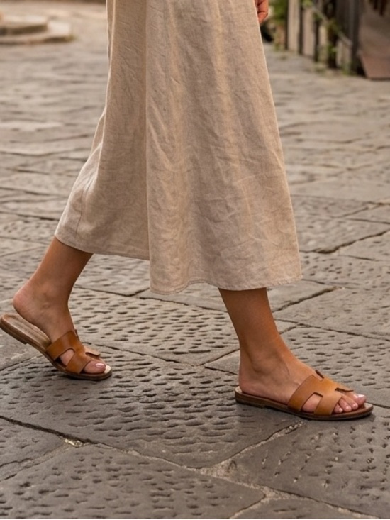 Source Unknown Shoes - Brown Leather H Shape Slide Sandals - Classic Open-Toe